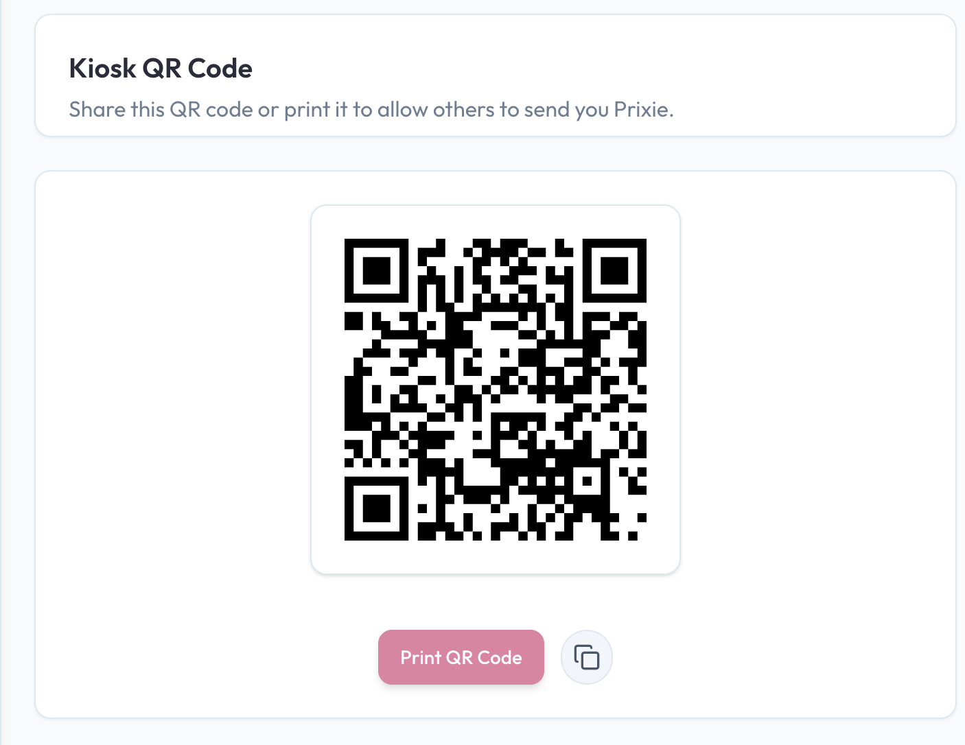 Kiosk QR Code interface showing QR code generation and sharing options